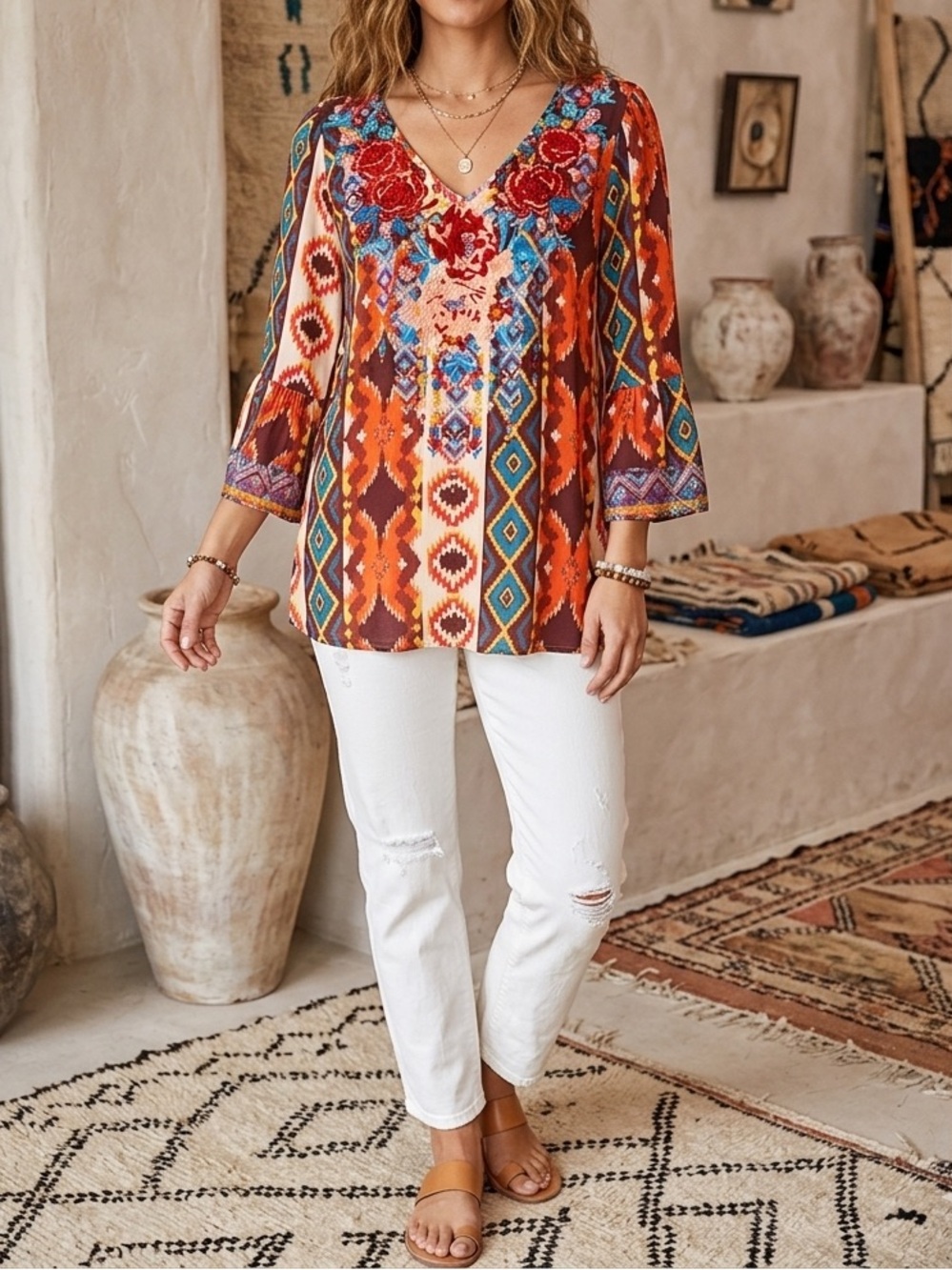 Boho Floral Embroidered V-Neck Tunic Blouse Multicolor Geometric Print🧡